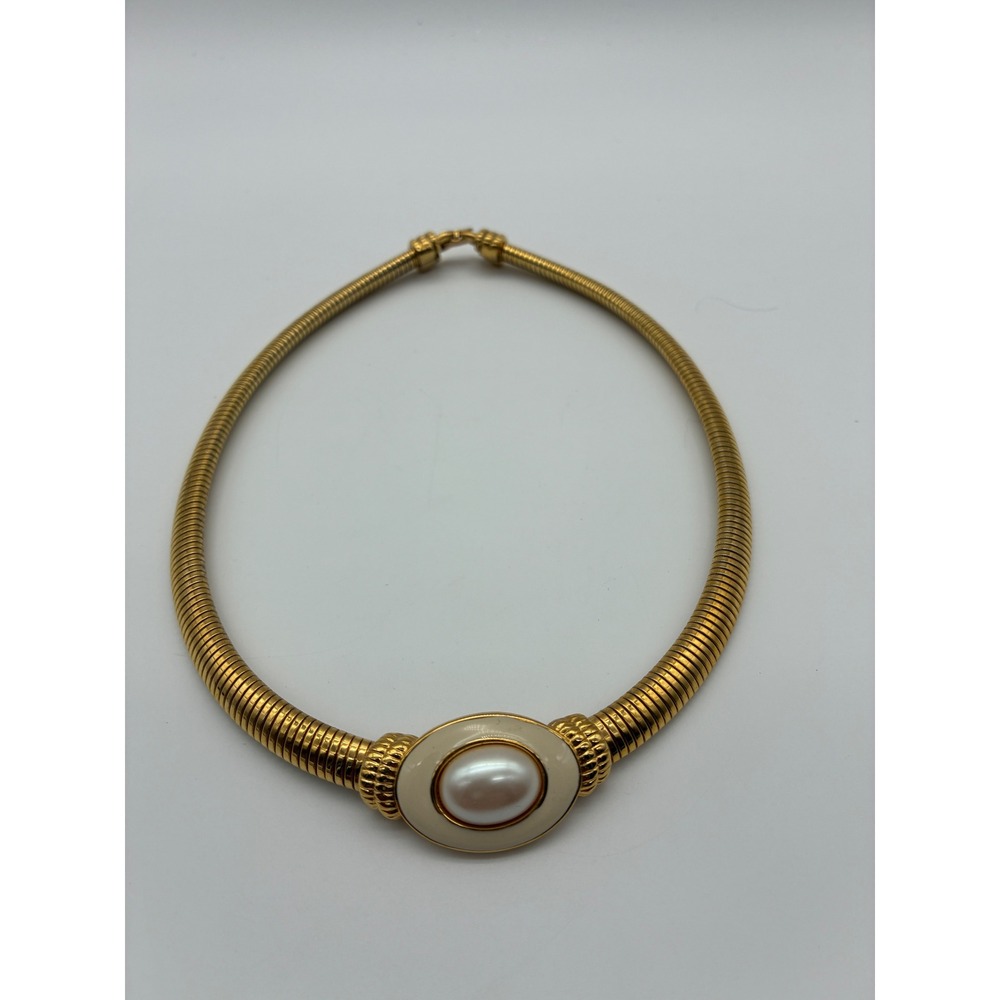 Vintage Monet Gold Tone Snake Chain Faux Pearl Enamel Choker Necklace